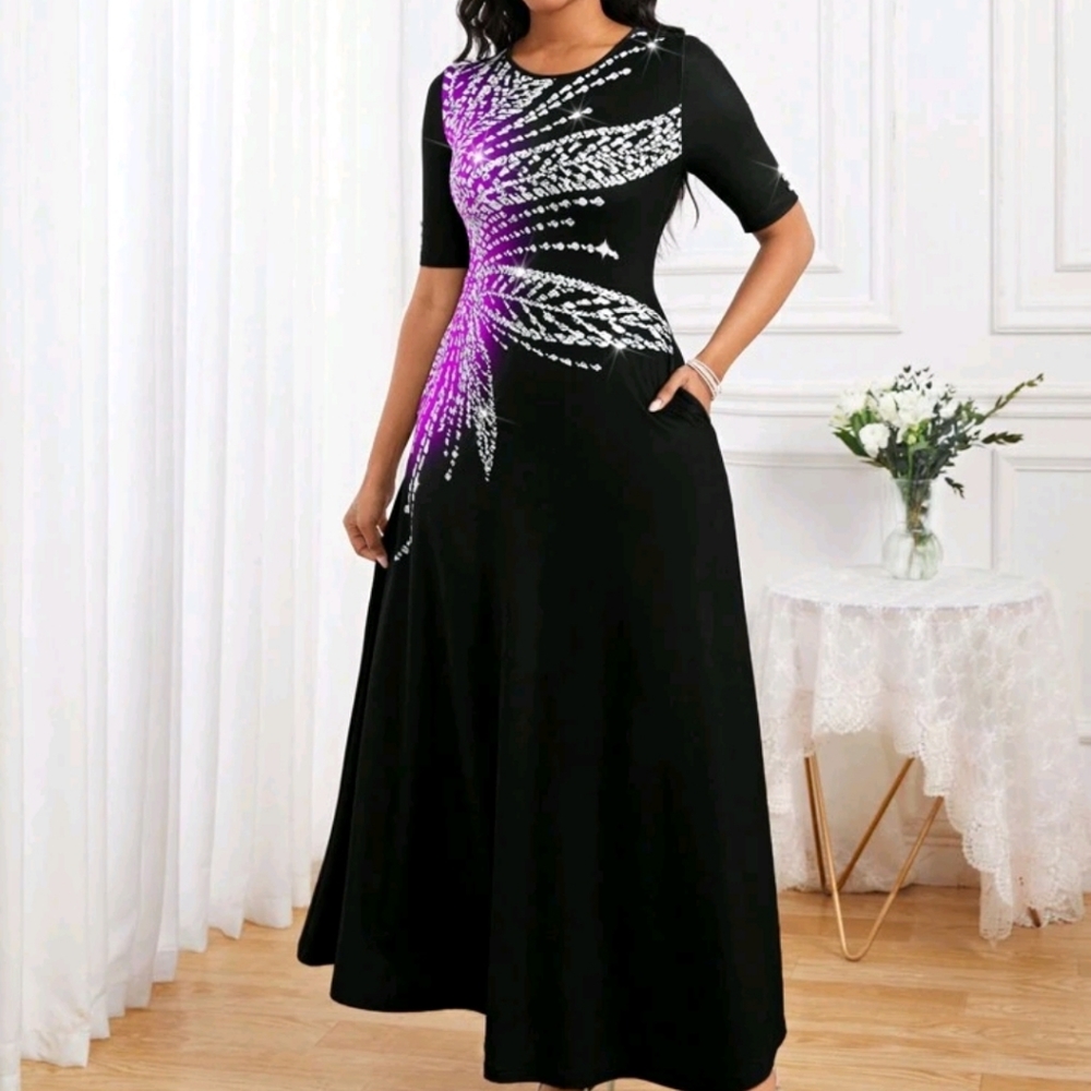 Black Sequin Printed Short Sleeve Pocket Maxi Dress - Picture 4 of 5